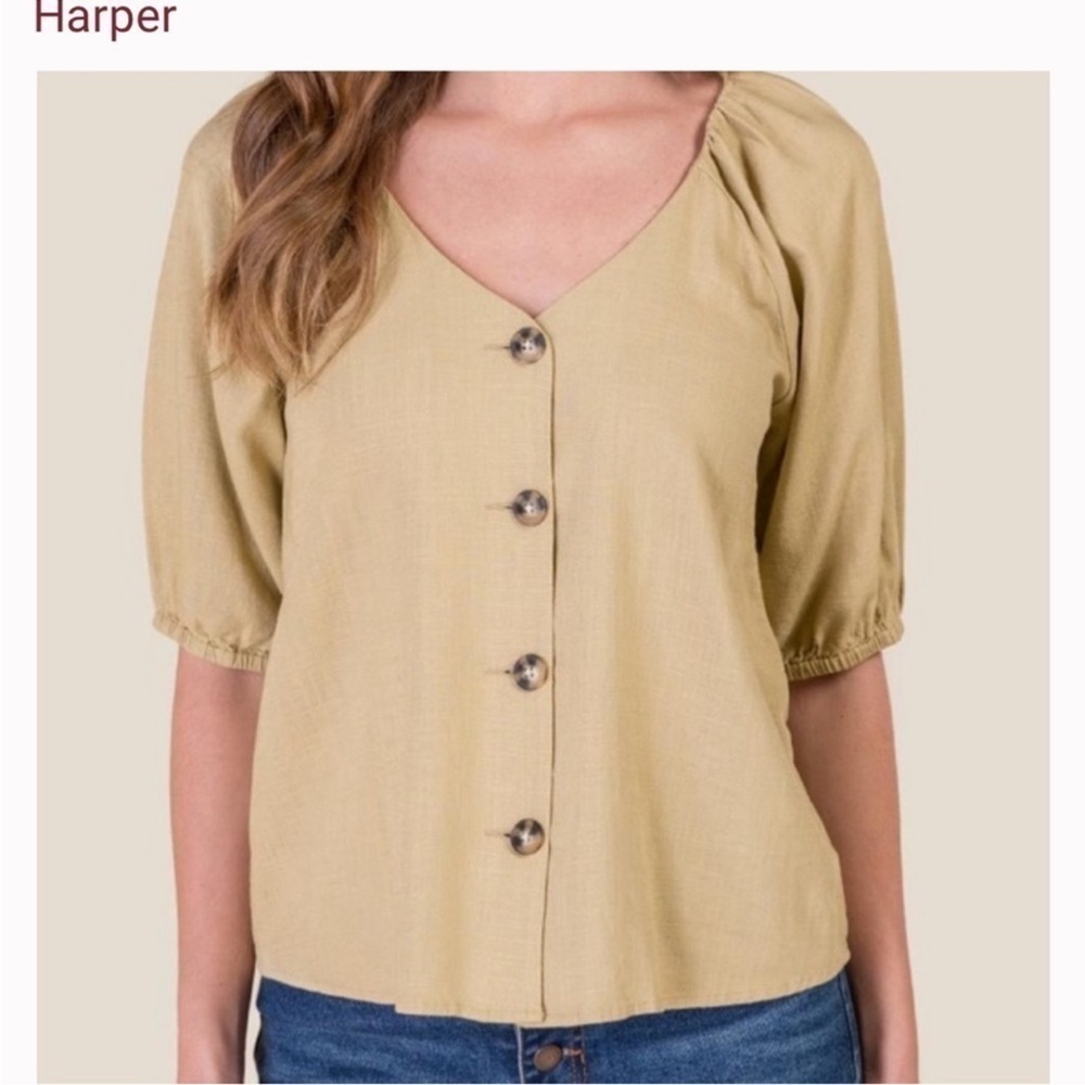 Harper Button-Front V-Neck Top in Olive Green Tan